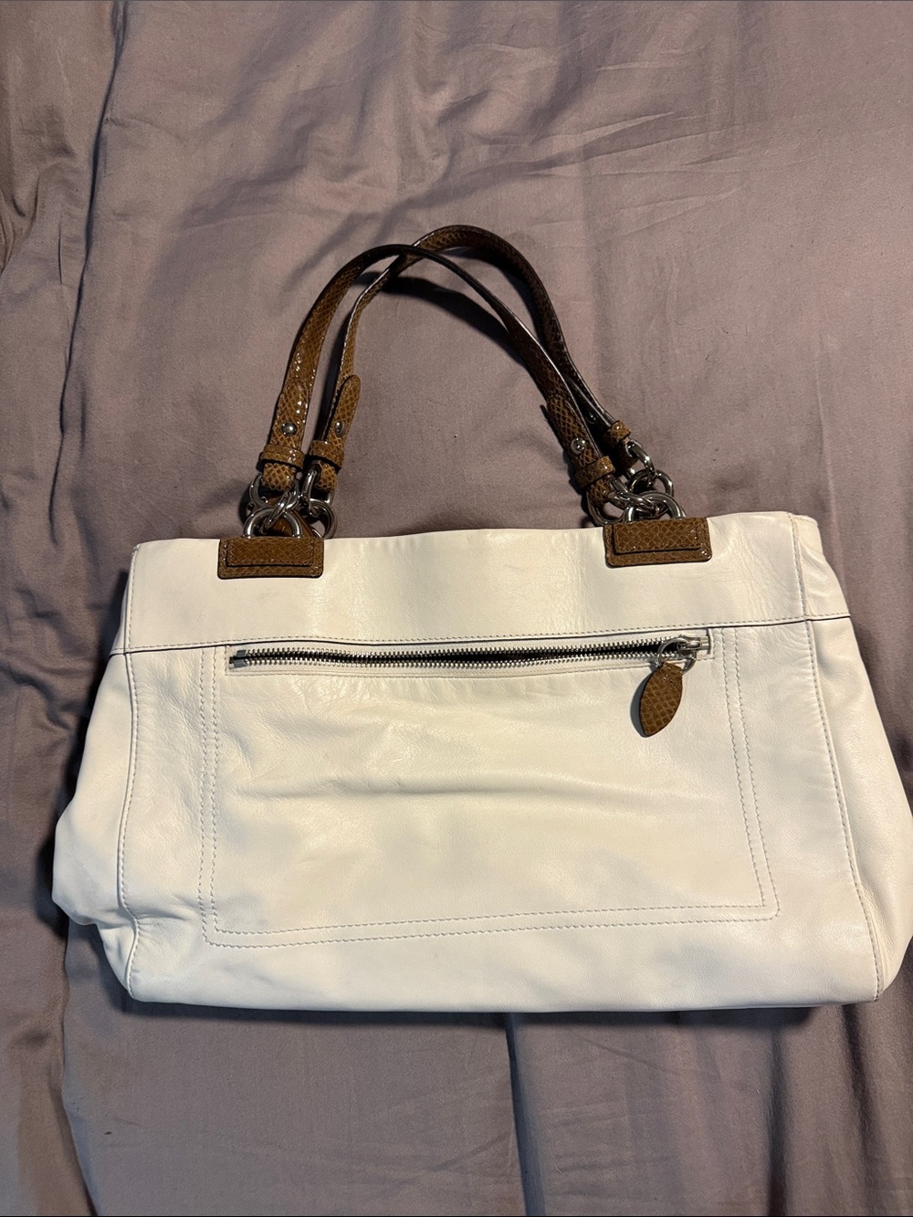 Cream White Leather Tote Bag with Brown Handles
